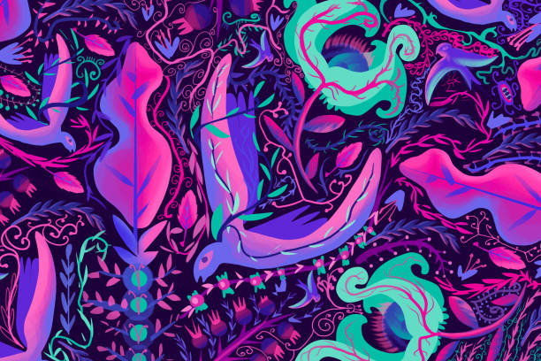 Seamless pattern of birds in neon colors vector art illustration