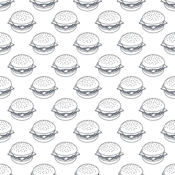 seamless pattern of black outline burgers Vector seamless pattern of black outline burgers. Background for banner, packaging, menu. sandwich backgrounds stock illustrations