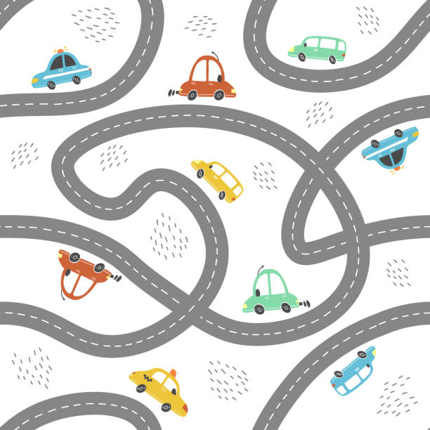 Seamless pattern of cartoon style baby cars. Vector illustration Seamless pattern of childish cartoon town, city map with road and cars for fabric, wallpaper, background design. Cute baby, child vector illustration. car patterns stock illustrations