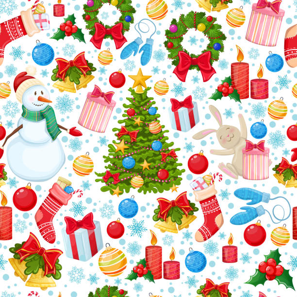 bezszwowy wzór ikon bożonarodzeniowych - happy new year stock illustrations