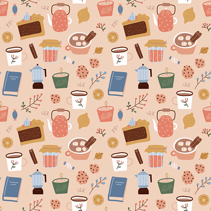 Seamless pattern of coffee, geyser coffee maker, sweeties, candles and plants on biege background. fall design of wrapping paper, wallpaper, textile design. Flat hand drawn repeating illustration.