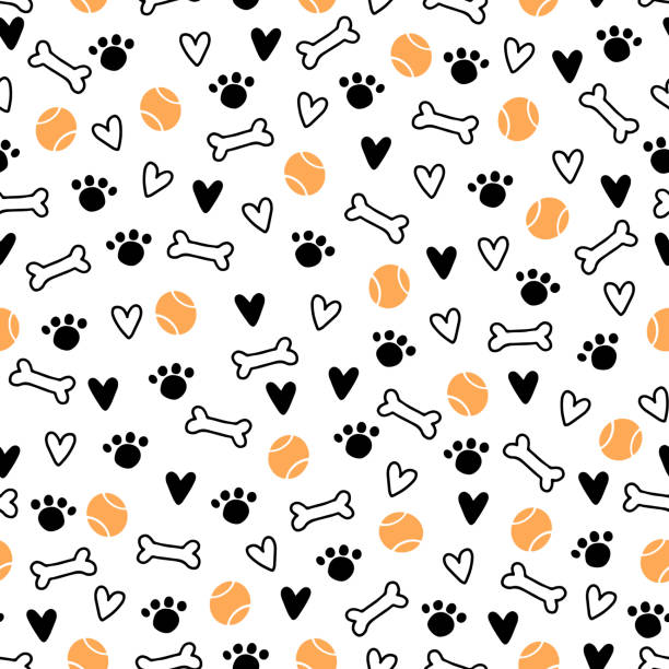 Seamless pattern of cute dog puppy symbol Seamless pattern of cute dog puppy symbol, toy, paw, footstep. Cartoon funny and happy dog concept with simple shape style. Illustration for background, wallpaper, textile, fabric. dog backgrounds stock illustrations