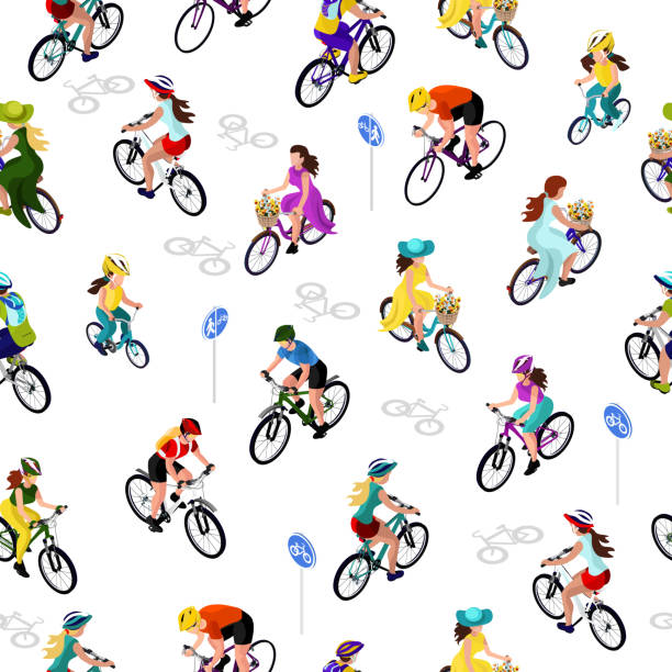 Seamless pattern of cyclists. A woman on a bicycle, a man on a bicycle, a child on a bicycle. Isometric 3d Seamless pattern of cyclists. A woman on a bicycle, a man on a bicycle, a child on a bicycle. Isometric 3d cycling designs stock illustrations