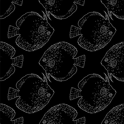 Seamless pattern of DISCUS fish. vector drawing of a sea fish, drawn in the style of a sketch with a texture of spots, isolated white outline on black for a design template