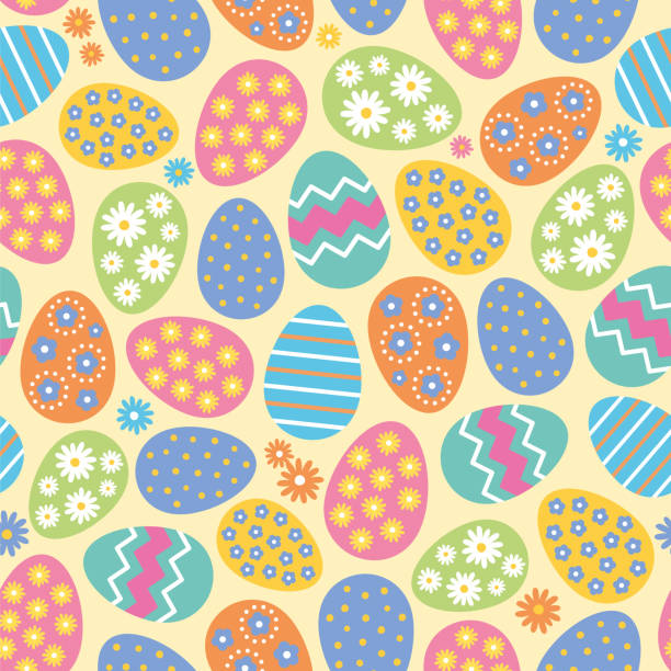 Seamless pattern of Easter eggs and flowers on yellow background.  easter sunday stock illustrations