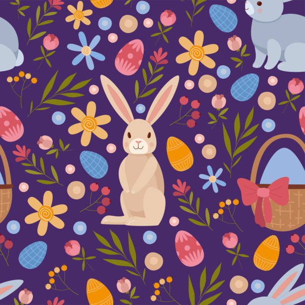 Seamless pattern of Easter elements. Rabbits, Easter eggs, different flowers, twigs and leaves. Easter vector background. Hand drawn Seamless pattern of Easter elements. Rabbits, Easter eggs, different flowers, twigs and leaves. Easter vector background. Hand drawn easter sunday stock illustrations