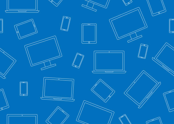 Seamless pattern of electronic devices isolated on blue background Seamless pattern of electronic devices isolated on blue background laptop designs stock illustrations