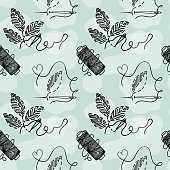 istock Seamless pattern of embroidered leaves, hand-drawn doodles in sketch style. Reel of thread. Needle and thread. Embroidery. Handmade. Thread. Illustration of a fantasy background. 1402379657