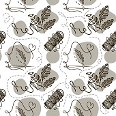 istock Seamless pattern of embroidered leaves, hand-drawn doodles in sketch style. Reel of thread. Needle and thread. Embroidery. Handmade. Thread. Illustration of a fancy black and white palette. 1406183323