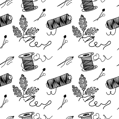 Seamless pattern of embroidery, thread, needles and pins, hand-drawn doodle elements in sketch style. Sewing thread, needle, pins. Embroidered leaves. Sewing. Embroidery. Thread. Handmade. Vector.
