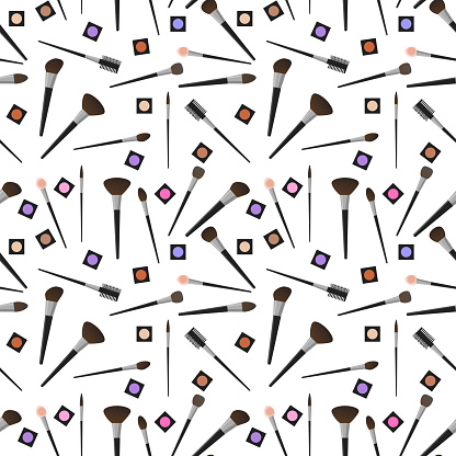Seamless pattern of eye shadow and makeup brushes on a white background. Vector pattern in flat cartoon style for beauty salons and wrapping paper