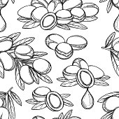 Seamless pattern of graphic argan plants. Vector repeated botanical design