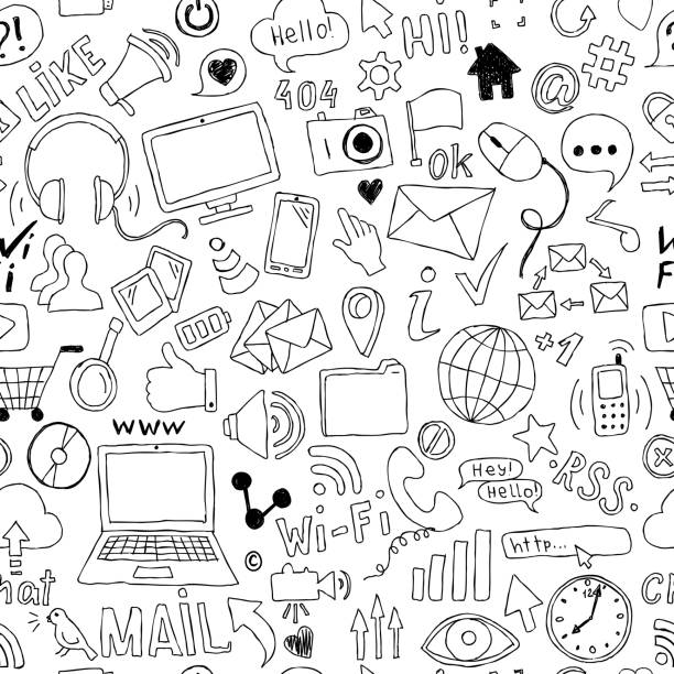 seamless pattern of hand drawn doodle cartoon objects and symbols on the Social Media theme. seamless pattern of hand drawn doodle cartoon objects and symbols on the Social Media theme laptop patterns stock illustrations