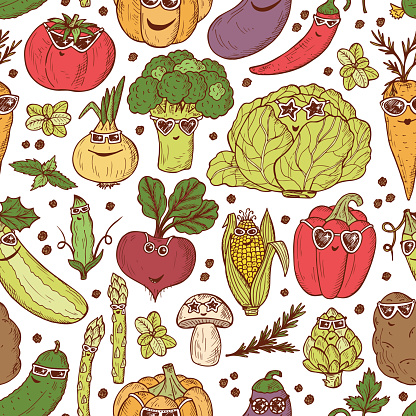 Seamless pattern of Hand drawn doodle Funny Stylish Fashion Vegetables with Sunglasses