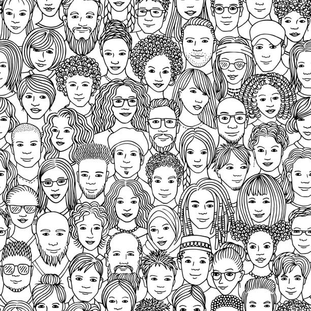 Seamless pattern of hand drawn faces of various ethnicities vector art illustration