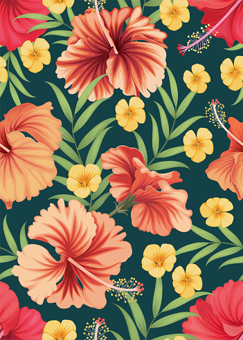 Seamless pattern of hibiscus flower with leaf background template. Vector set of floral element for tropical print, wedding invitations, greeting card, brochure, banners and fashion design.