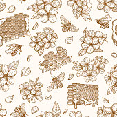 Seamless pattern of honey, bees, honeycomb, flowers. Vector illustration in graphic hand draw sketch style. Linear Art. Organic healthy food. Products for Logo, labels cards and brochures
