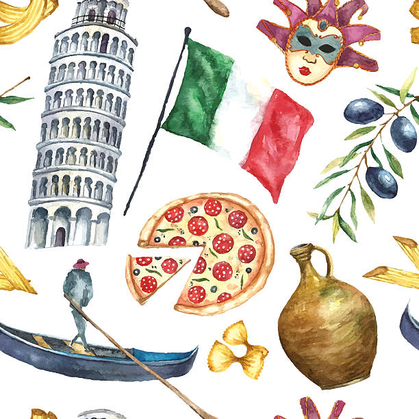illustrazioni stock, clip art, cartoni animati e icone di tendenza di seamless pattern di italia icone illustrazione ad acquerello. - venice