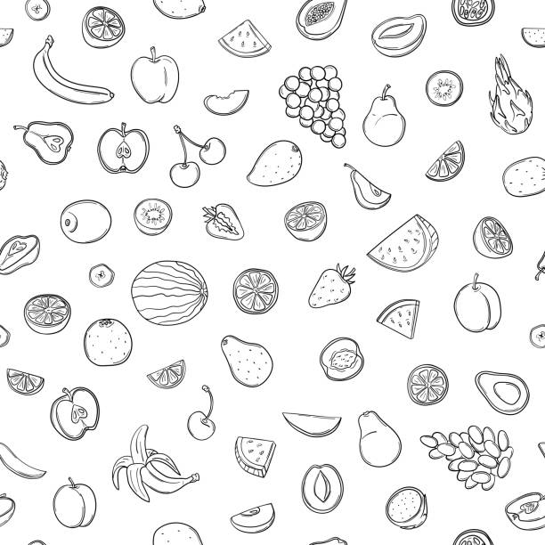 Seamless pattern of juicy summer berries and fruits in hand-drawn doodle style. Fresh vitamins, citrus fruits. Vegan, vegetarian, raw food. Flat vector illustration isolated on white Seamless pattern of juicy summer berries and fruits in hand-drawn doodle style. Fresh vitamins, citrus fruits. Vegan, vegetarian, raw food. Flat vector illustration isolated on white background. smoothie backgrounds stock illustrations