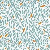 Seamless pattern of leaves. Leaves are light blue and yellow lines with streaks. Base white.