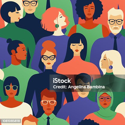 istock Seamless pattern of many different people races and religions profile heads Vector background. 1081085818