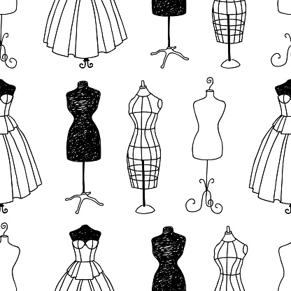 Seamless pattern of outlines various sewing mannequins