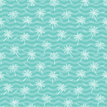 Seamless pattern of palm trees and waves