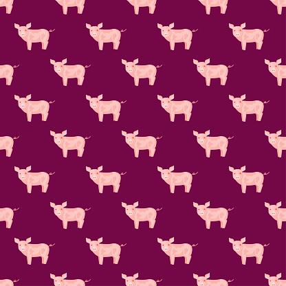 Seamless pattern of pig. Domestic animals on colorful background. Vector illustration for textile.