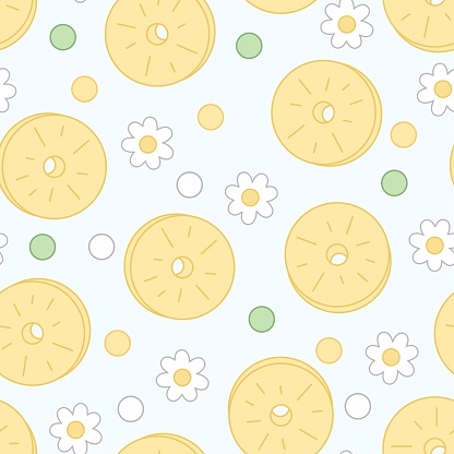Seamless pattern of pineapple slices, flowers and dots in kawaii style on a light green background.