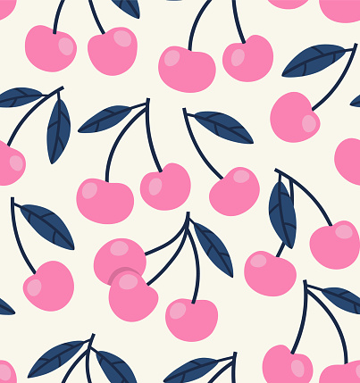 Seamless pattern of pink cherries with blue leaves background elements.