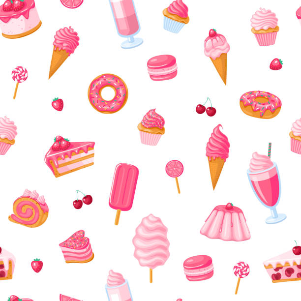 ピンクの甘い食べ物のシームレスなパターン。ドーナツ、アイスクリーム、マフィン、スムージー、マカロン、キャンディー、ピンクのトッピング。生地、包装、壁紙のためのテクスチャ。� - マカロン点のイラスト素材／クリップアート素材／マンガ素材／アイコン素材