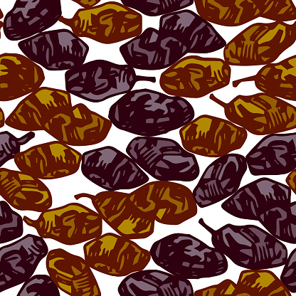 Seamless pattern of raisins. Dry seedless grapes. Delicious food, ingredients for oriental sweets, dessert fruits.