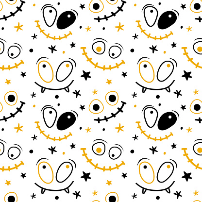 Seamless pattern of scary monster with horrible jaws and teeth. Background with funny faces of Halloween pumpkin or ghost. Jack Skellington faces silhouettes. Hand drawn vector illustration