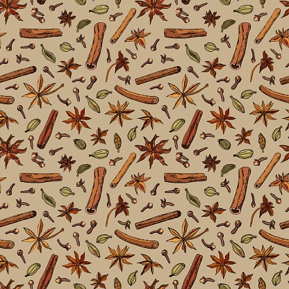 Seamless pattern of spices of cinnamon, cloves, cardamom and star anise. Hand-drawn illustration.