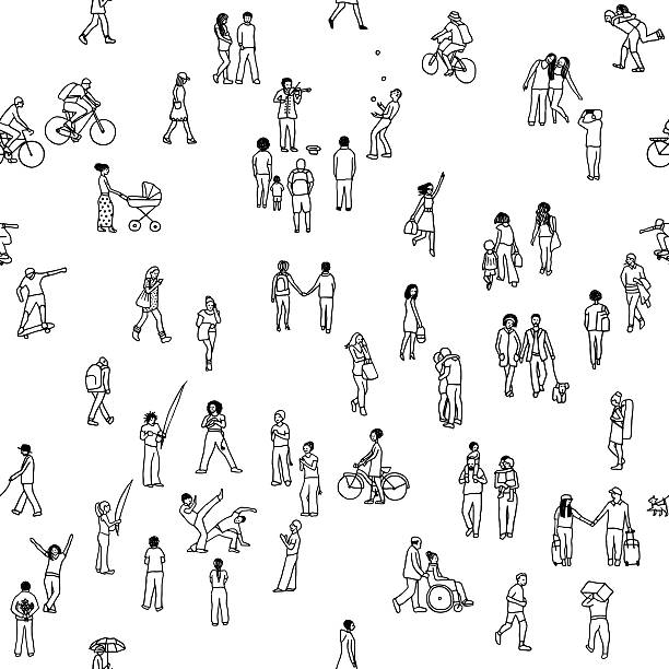 Seamless pattern of tiny people Tiny pedestrians, people in the street, a diverse collection of tiny hand drawn men and women walking through the city cycling patterns stock illustrations