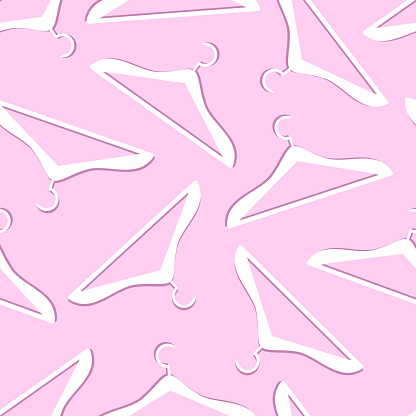 Seamless pattern of white clothes hangers on a pink background. Vector flat illustration. Background for clothing stores, sales
