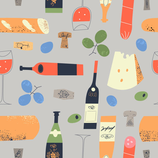 Seamless pattern of wine bottles, corks, glasses and food. Vector illustration. Seamless pattern of wine different wine bottles, glasses, corks, cheese, baguettes, salami and grapes. Vector illustration on a light gray background. cheese patterns stock illustrations