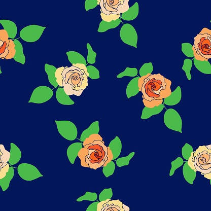 Seamless pattern orange tea roses and green leaves on dark blue background, vector eps 10