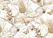 Parrot birds, pineapple, flowers orchid and butterfly. Seamless pattern. Gold foil white. Vector illustration. Template for textiles, paper, wallpaper, Hawaiian shirts. Nature style. Vintage engraving