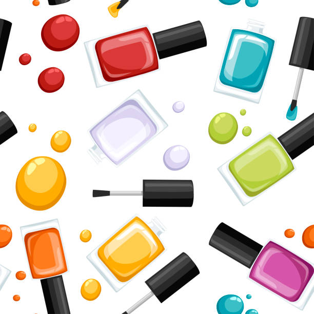 Seamless pattern. Round colored glossy nail polish bottle with black cap. Flat vector illustration on white background. Manicure concept. Opened bottle and drop of nail polish Seamless pattern. Round colored glossy nail polish bottle with black cap. Flat vector illustration on white background. Manicure concept. Opened bottle and drop of nail polish. nail polish bottle stock illustrations