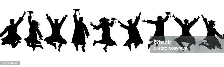 istock Seamless pattern. Silhouettes of happy jumping students graduates at university. Vector illustration. 1215396181