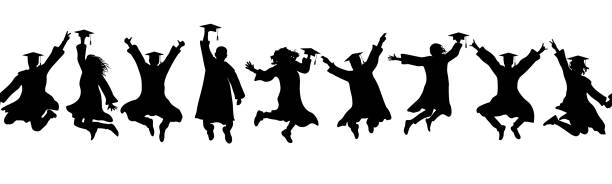 Seamless pattern. Silhouettes of happy jumping students graduates at university. Vector illustration.  graduation stock illustrations