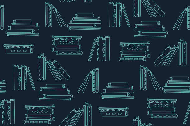 Seamless pattern stack book school outline vector Seamless pattern stack book. Monochrome outline texture. Opened books. Cartoon objects drawing for school, college, study or office. Vector illustration laptop patterns stock illustrations