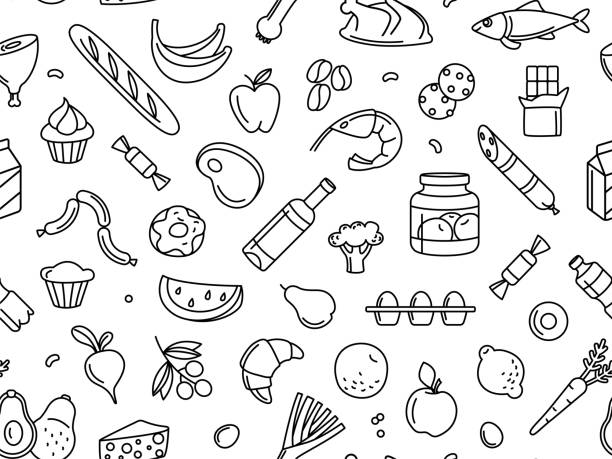 Seamless pattern supermarket grosery store food, drinks, vegetables, fruits, fish, meat, dairy, sweets Supermarket grosery store food, drinks, vegetables, fruits, fish, meat, dairy, sweets market products goods seamless thin line icons background pattern. Vector illustration in linear simple style.Supermarket grocery store food, drinks, vegetables, fruits, fish, meat, dairy, sweets market products goods seamless thin line icons background pattern. Vector illustration in linear simple style. supermarket designs stock illustrations