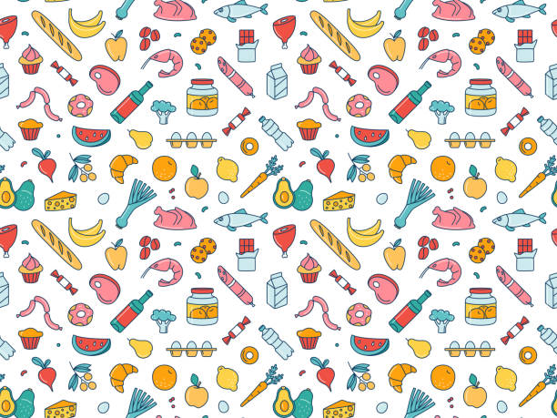Seamless pattern supermarket grosery store food, drinks, vegetables, fruits, fish, meat, dairy, sweets Supermarket grosery store food, drinks, vegetables, fruits, fish, meat, dairy, sweets market products goods seamless thin line icons background pattern. Vector illustration in linear simple style. supermarket patterns stock illustrations