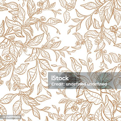 istock Seamless pattern. Tea twig, golden leaves, flower 1324899805