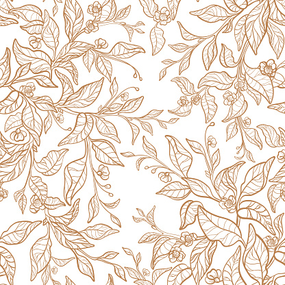 Seamless pattern. Tea twig, golden leaves, flower