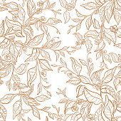 istock Seamless pattern. Tea twig, golden leaves, flower 1324899805