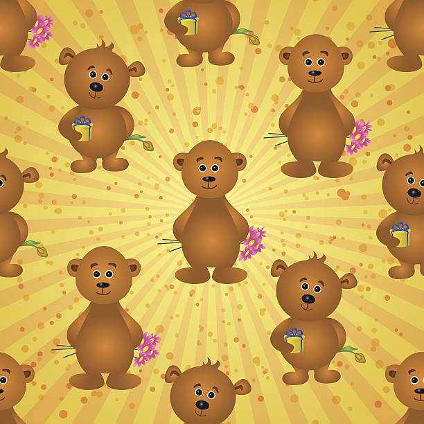 Seamless pattern, teddy bears and gifts Seamless pattern, cartoon teddy bears with holiday gift boxes and flowers on abstract background. Eps10, contains transparencies. Vector teddy ray stock illustrations