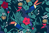 Tropical birds, flowers, fruits, leaves on black background. Floral seamless pattern. Exotic nature. Vector illustration. Vintage. Luxury summer design for Hawaiian shirts, paper, wallpaper, textile.